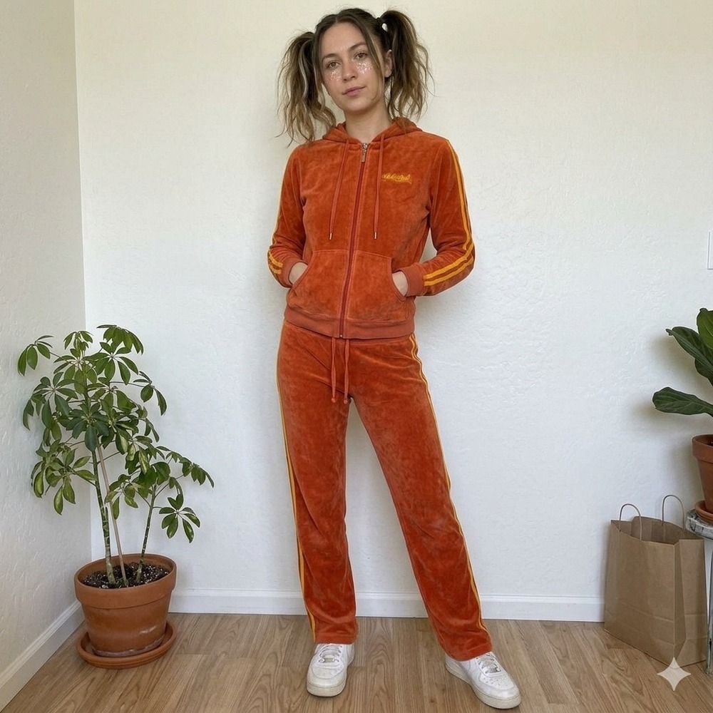 Y2K Vintage Hale Bob‎ Womens Tracksuit Medium Orange Velour Zip Hoodie Pants